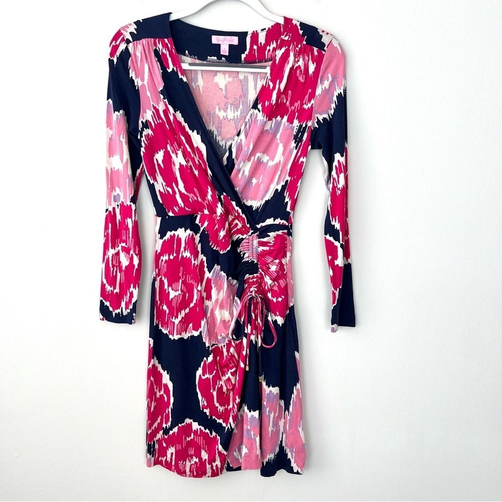 Lilly Pulitzer Augusta Silk-Cotton Blend Wrap Mini Dress Navy Pink Floral